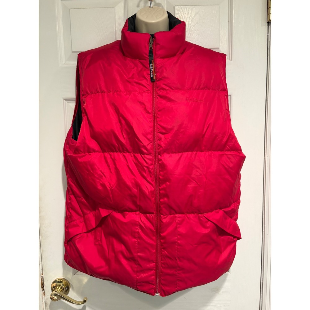 LL Bean Reversible Goose Down Puffer Vest Red Black Full Zip Mens Large OVC67